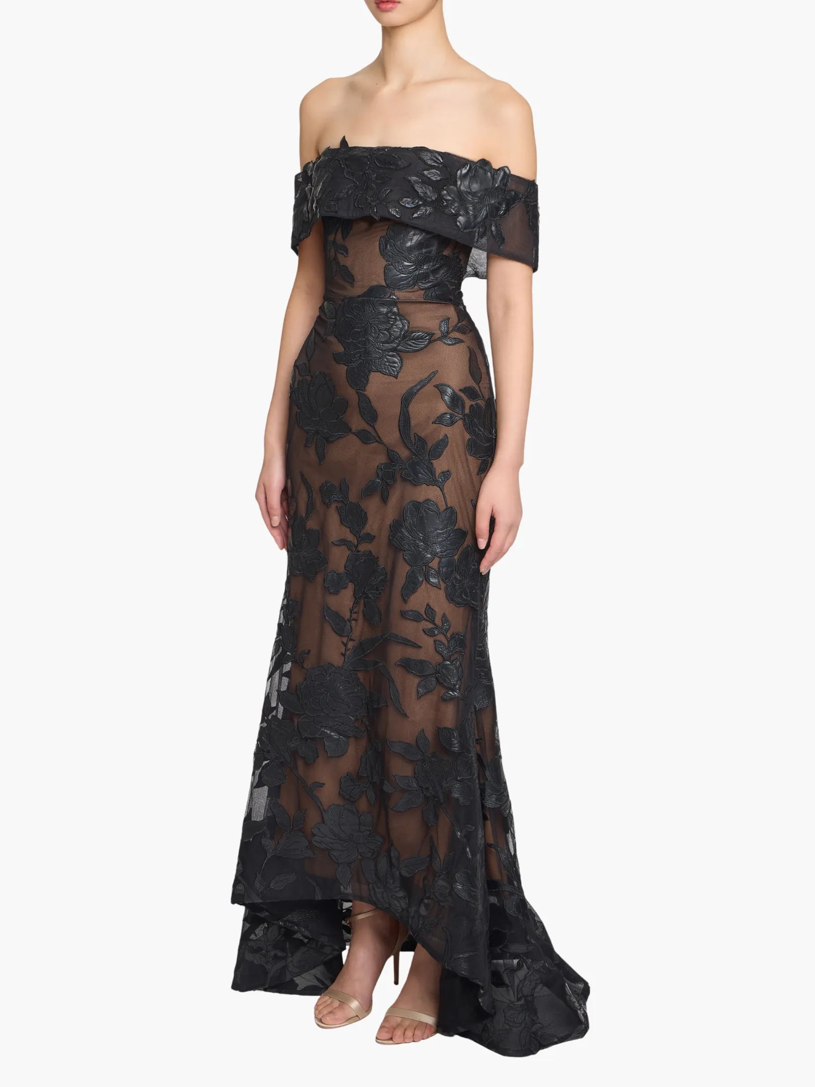 Leather Guipure Fitted Off Shoulder Hi-Lo Gown sold by Marchesa product image thumbnail 3
