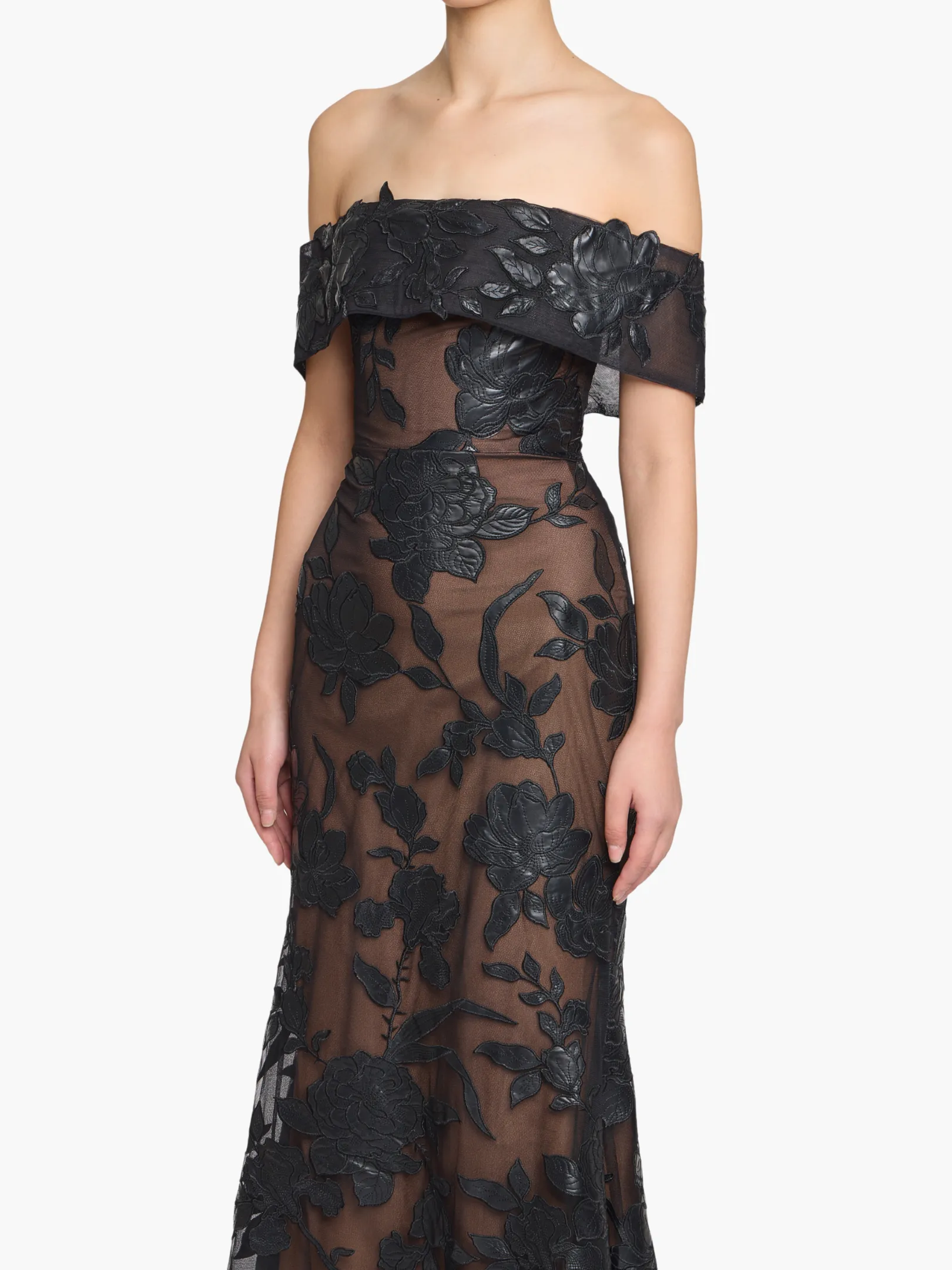 Leather Guipure Fitted Off Shoulder Hi-Lo Gown sold by Marchesa product image thumbnail 4