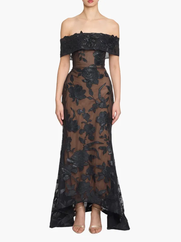 Leather Guipure Fitted Off Shoulder Hi-Lo Gown made by Marchesa