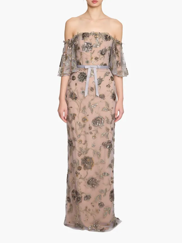 Illusion Murals Off The Shoulder Beaded Illusion Column Gown made by Marchesa