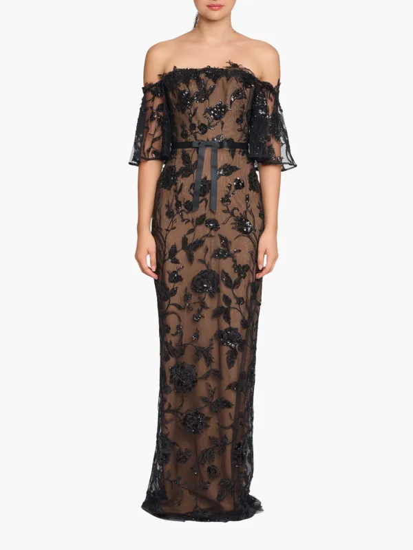 Illusion Murals Off The Shoulder Beaded Illusion Column Gown made by Marchesa