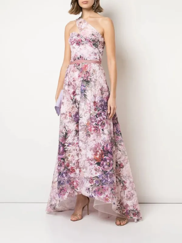 One-Shoulder Pleated Soutache Hi-Low Gown sold by Marchesa