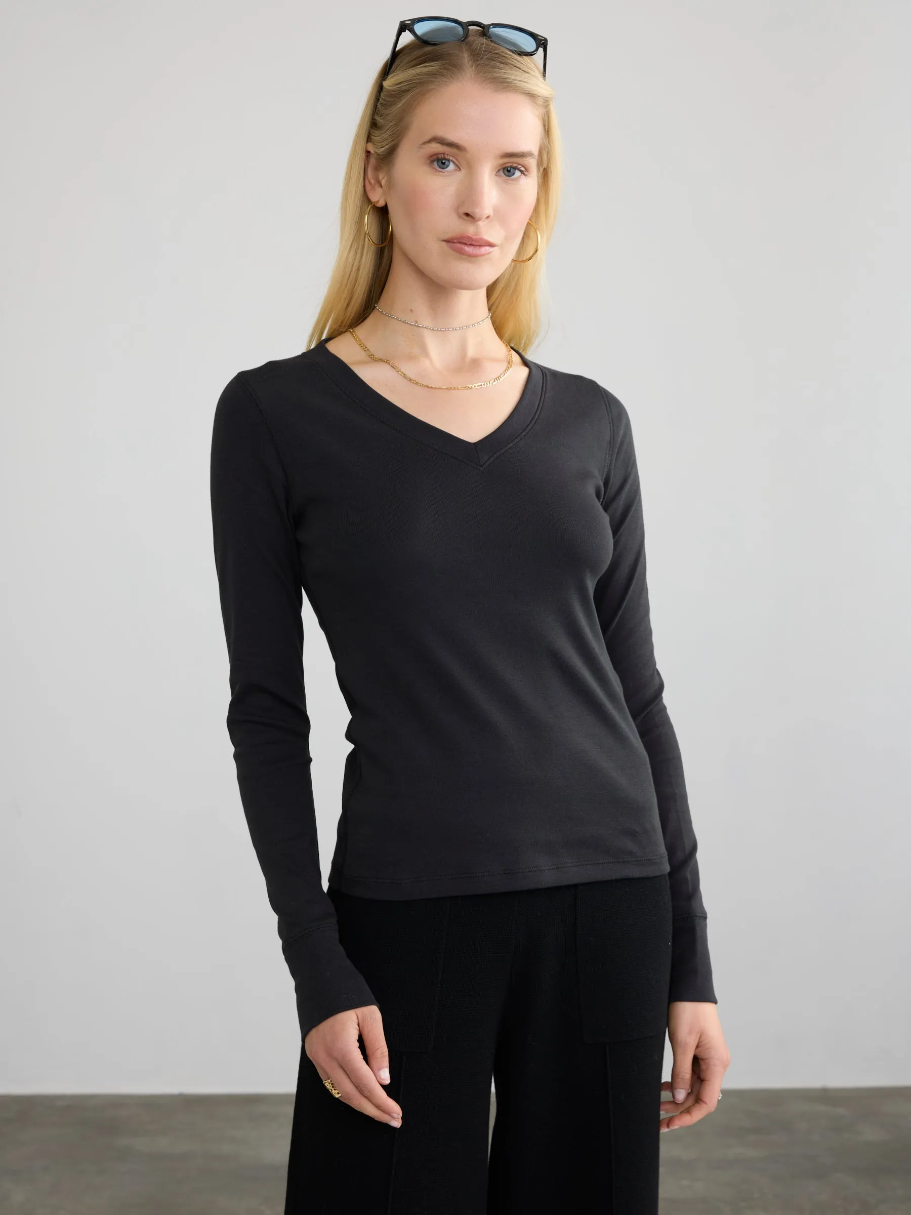 RIBBED COTTON L/S V-NECK sold by Margaret O'Leary product image thumbnail 3