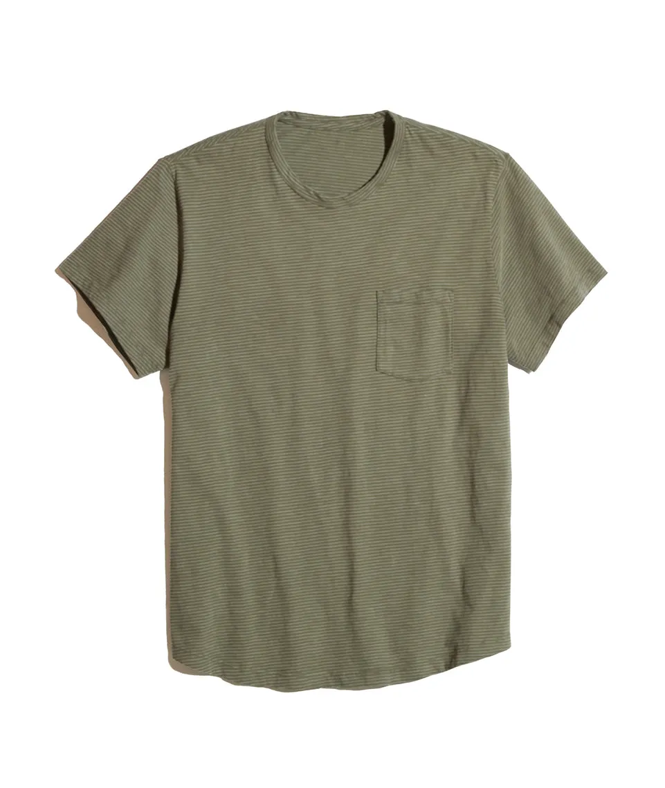 Saddle Pocket Tee in Thyme/White Stripe sold by Marine Layer