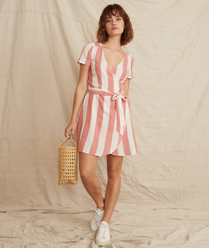 Frances Wrap Dress in Poppy Red/White Stripe sold by Marine Layer