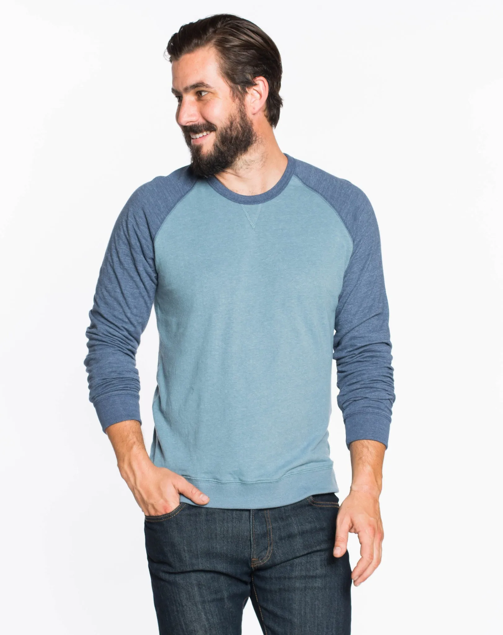 Double Knit Raglan - Maritime Grey and Navy sold by Marine Layer