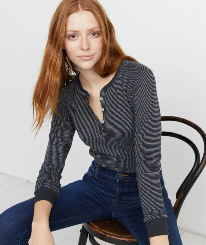 Double Knit Henley in Black/White Stripe sold by Marine Layer