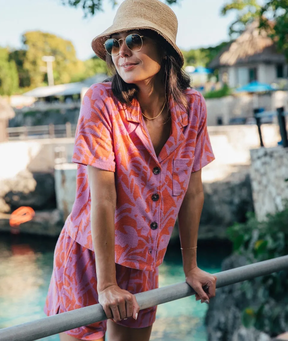 Terry Out Resort Shirt in Orange/Lavender Floral Print sold by Marine Layer