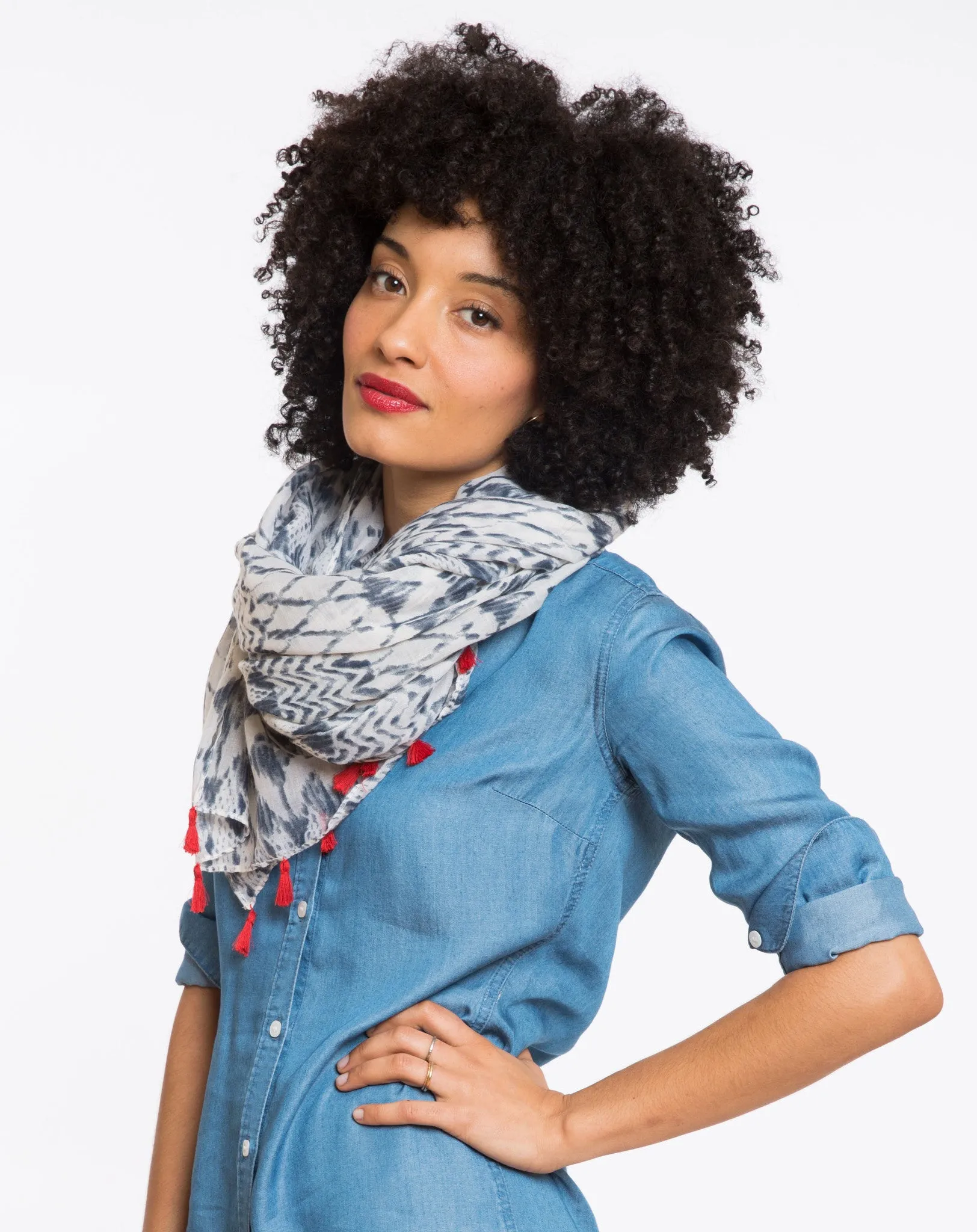 Kingsley Tassled Straight Scarf - Navy and White sold by Marine Layer
