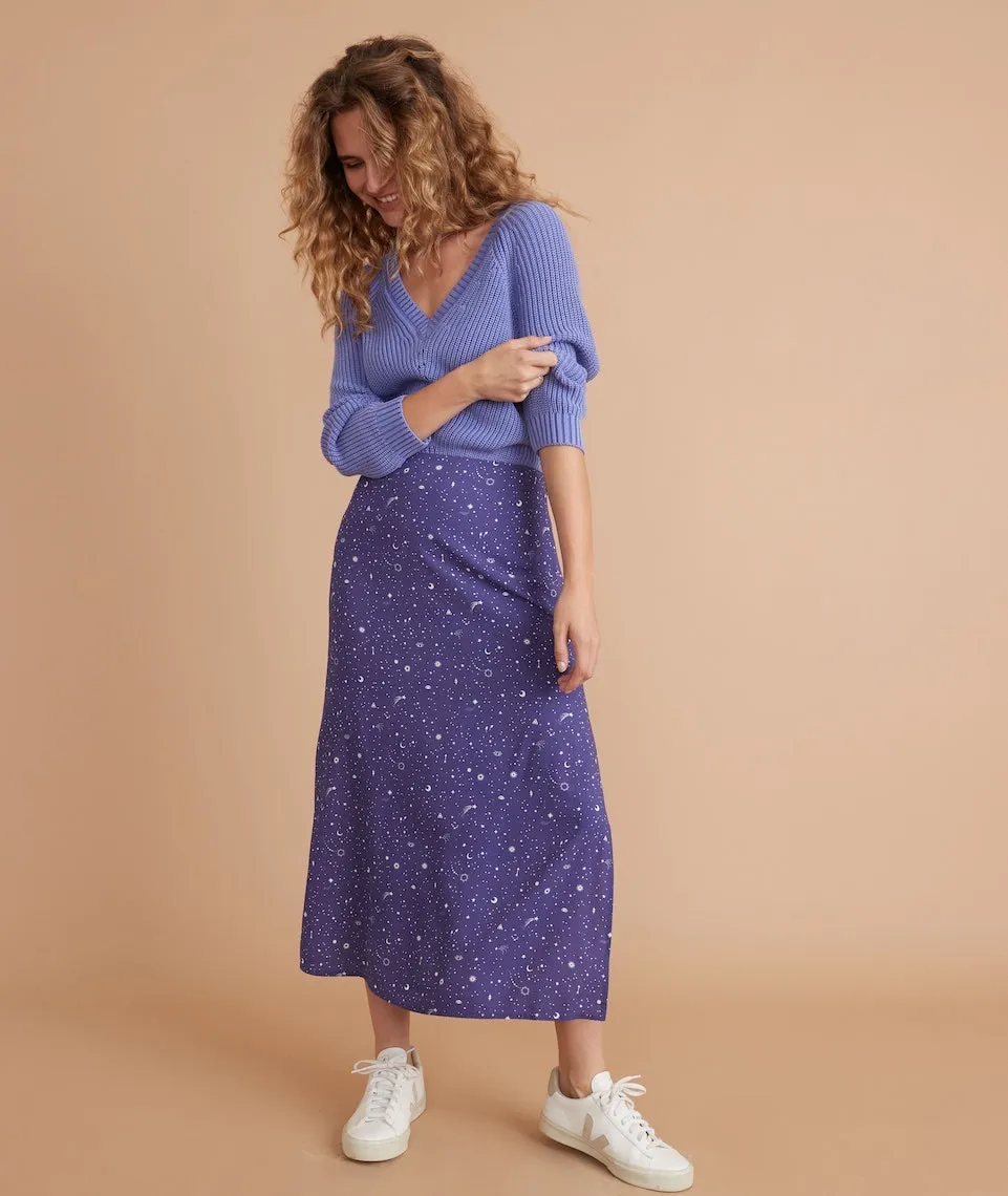 Ryan Midi Slip Skirt in Blue Celestial Print sold by Marine Layer