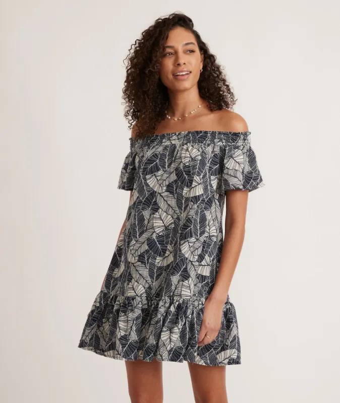 Shirley Off The Shoulder Dress in Navy Palm sold by Marine Layer