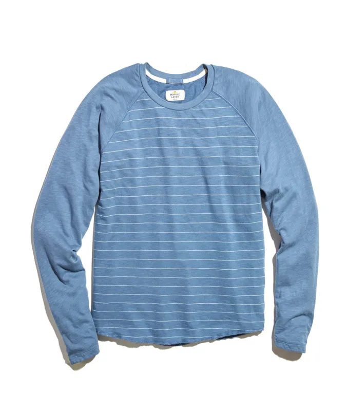 Double Knit Baseball Raglan in Vintage Indigo Stripe sold by Marine Layer