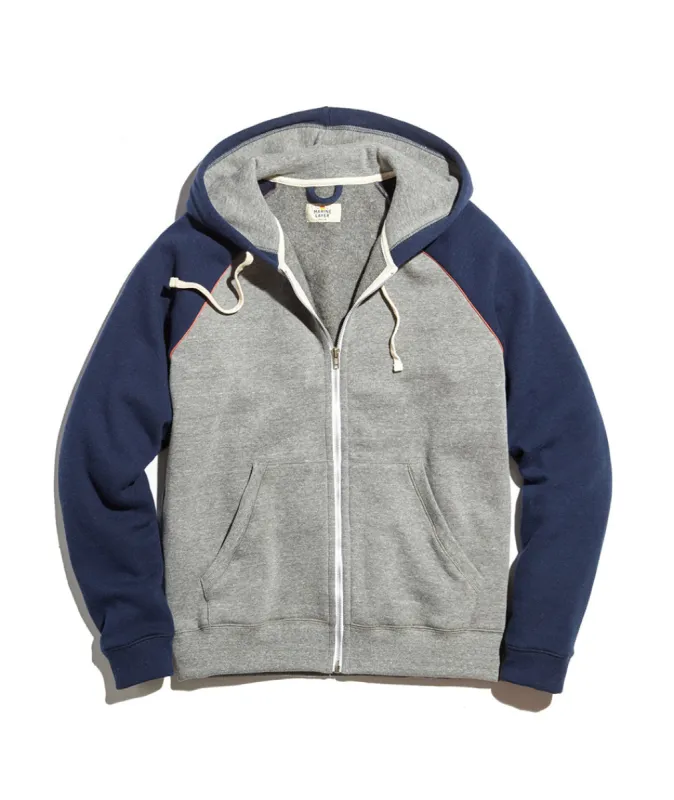 Raglan Zip Hoodie in  Heather Grey/Navy sold by Marine Layer