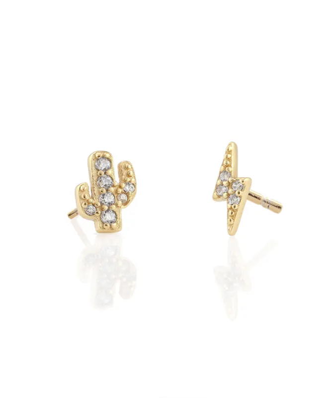 Kris Nations Pave Cactus/Bolt Stud Earrings in Gold/Crystal Quartz sold by Marine Layer