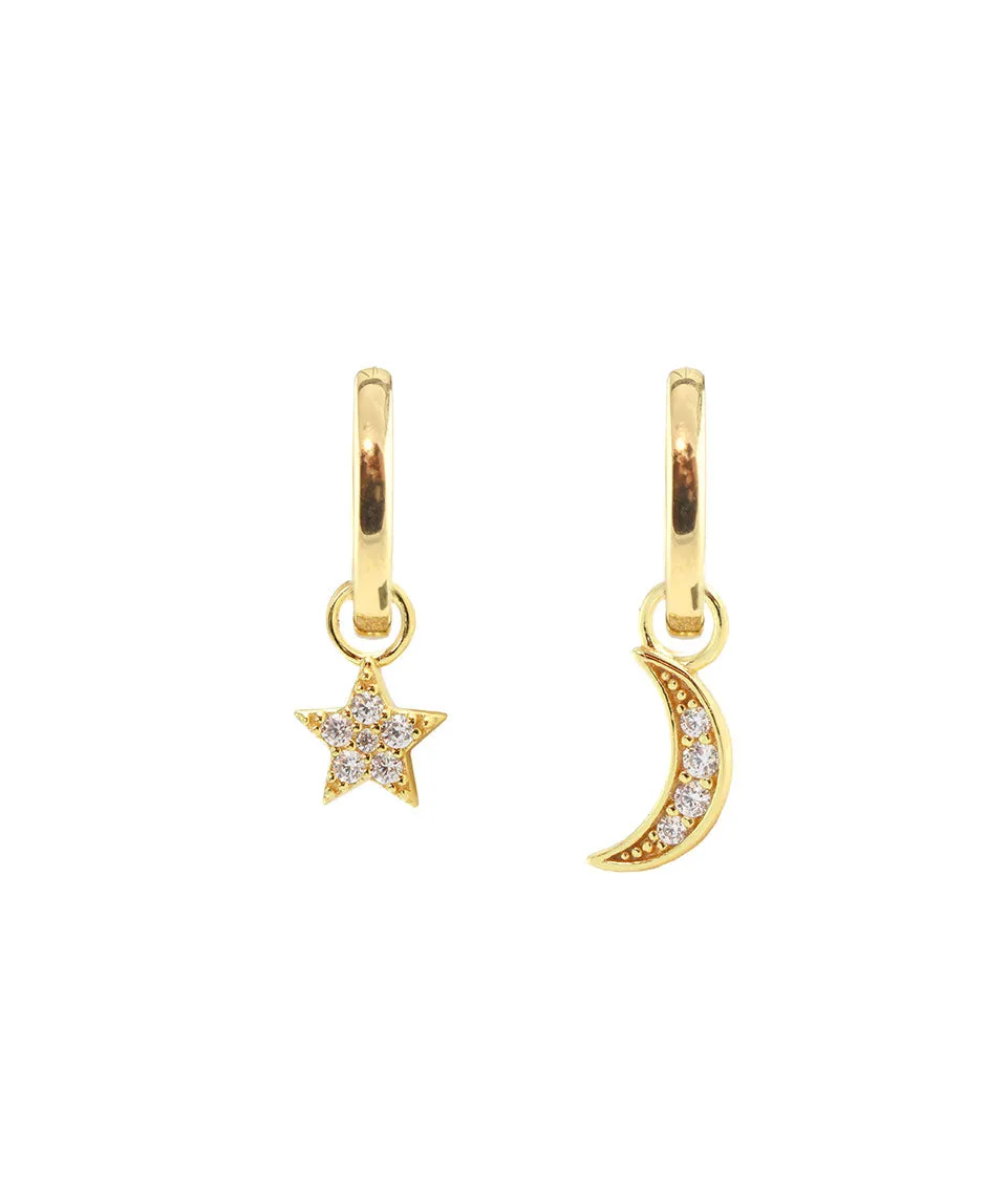 Kris Nations Star + Moon Huggie Hoop Earrings in Gold/Crystal Quartz sold by Marine Layer