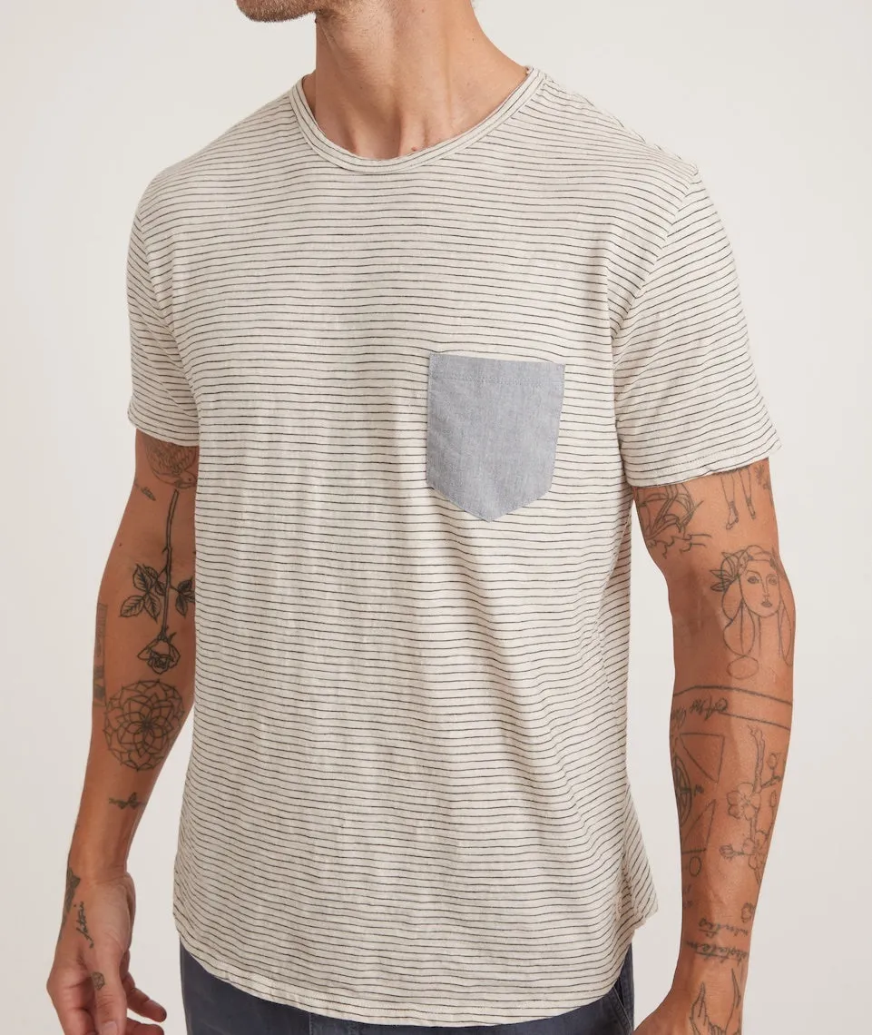 Saddle Hem Chambray Pocket Tee in Natural/Black Stripe sold by Marine Layer product image thumbnail 4