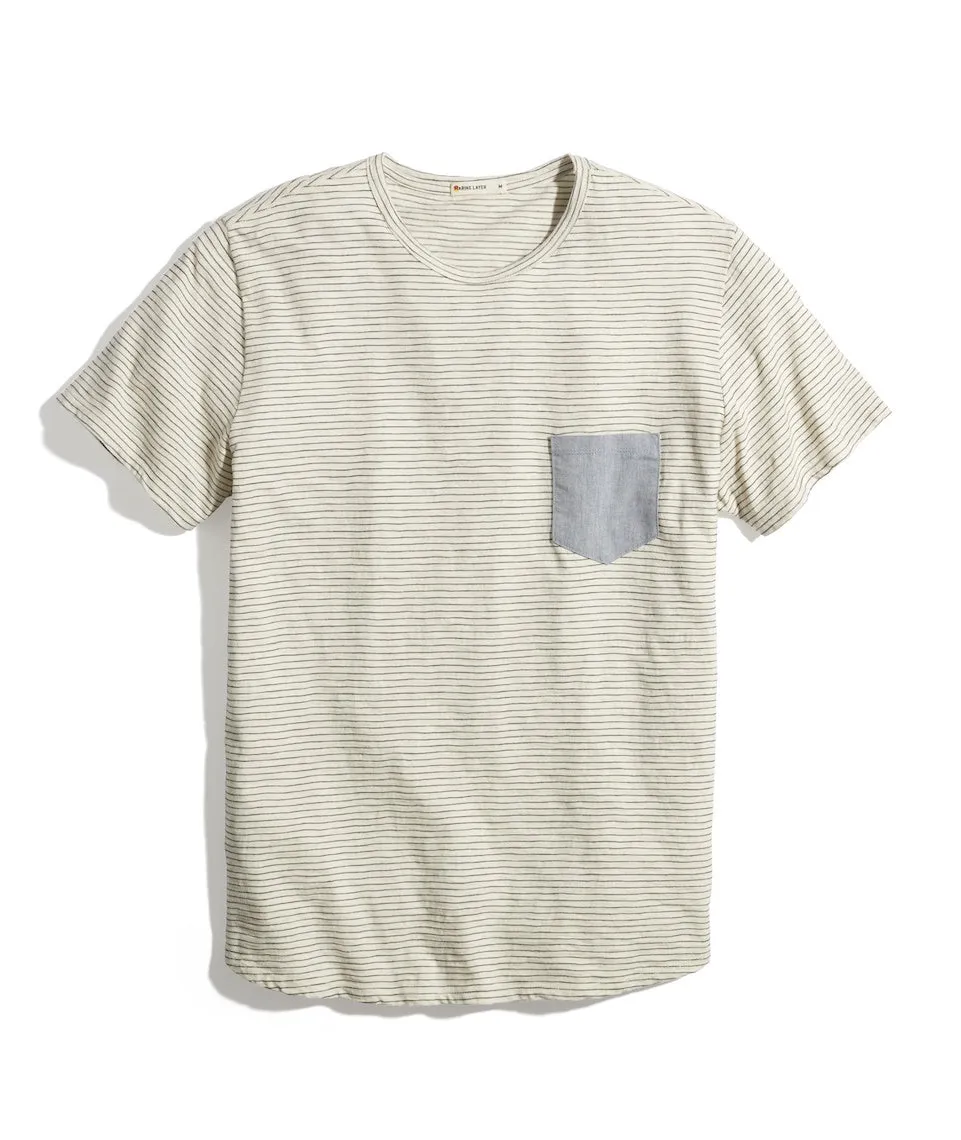 Saddle Hem Chambray Pocket Tee in Natural/Black Stripe sold by Marine Layer