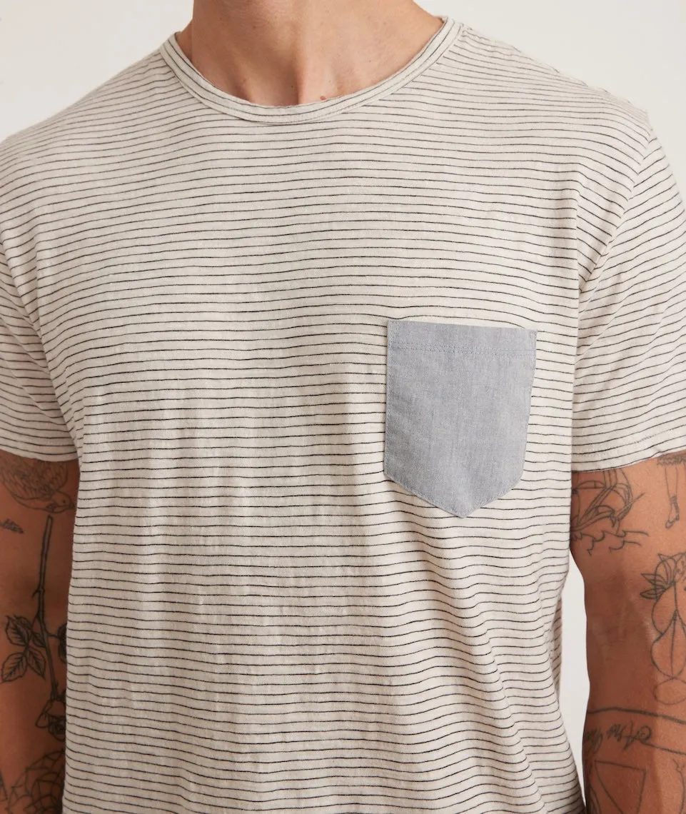 Saddle Hem Chambray Pocket Tee in Natural/Black Stripe sold by Marine Layer product image thumbnail 3