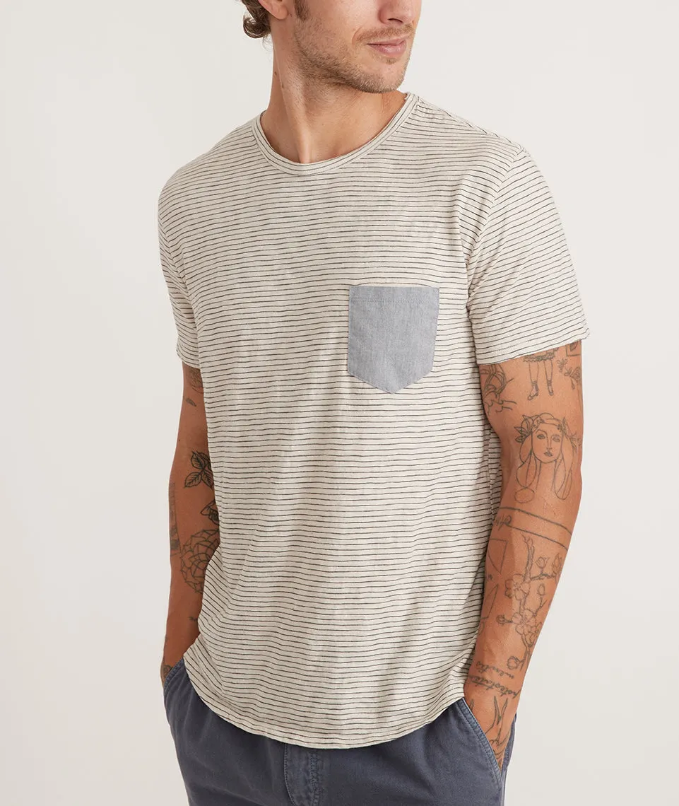 Saddle Hem Chambray Pocket Tee in Natural/Black Stripe sold by Marine Layer product image thumbnail 2