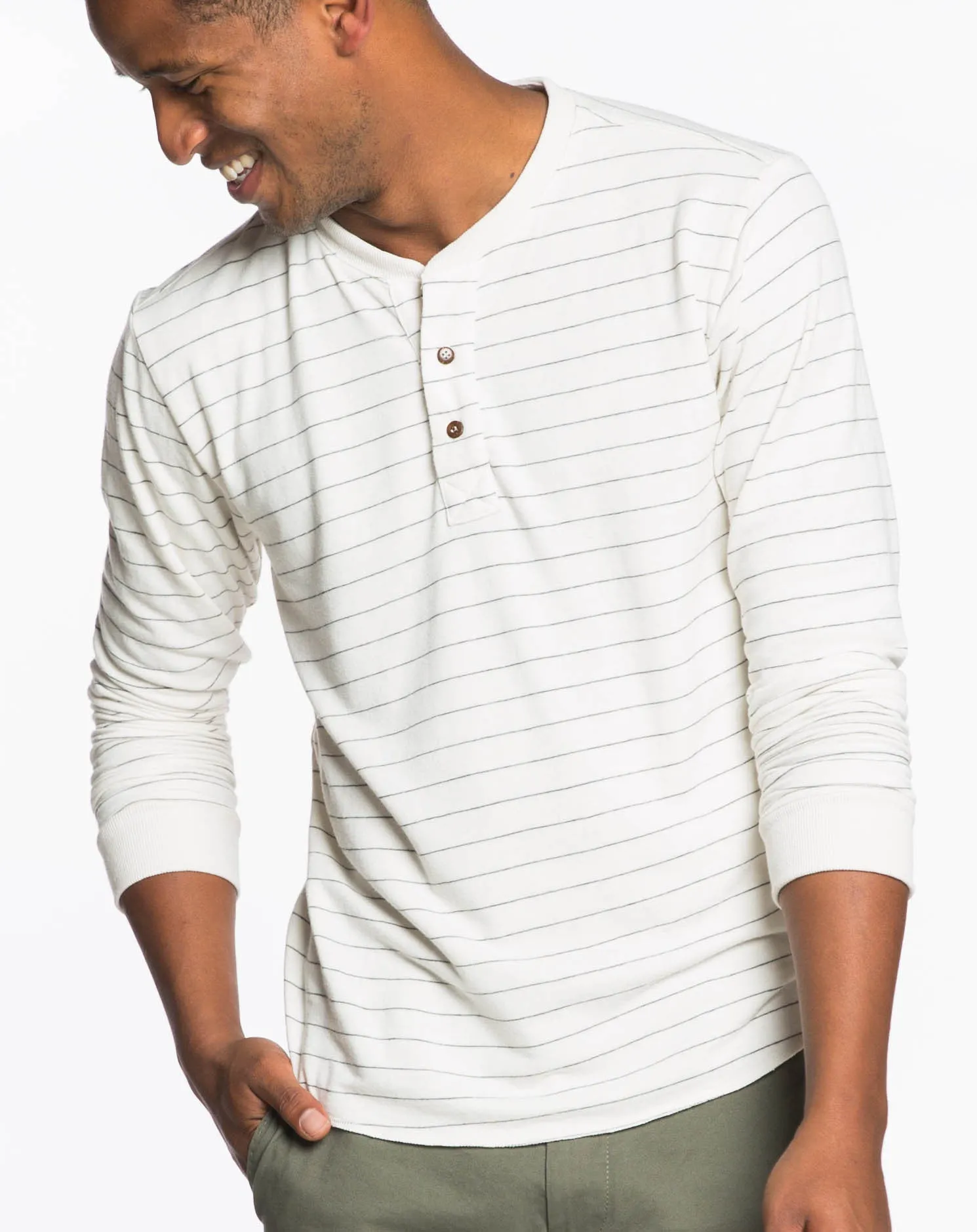Double Knit Henley - Natural and Charcoal Stripes sold by Marine Layer product image thumbnail 4