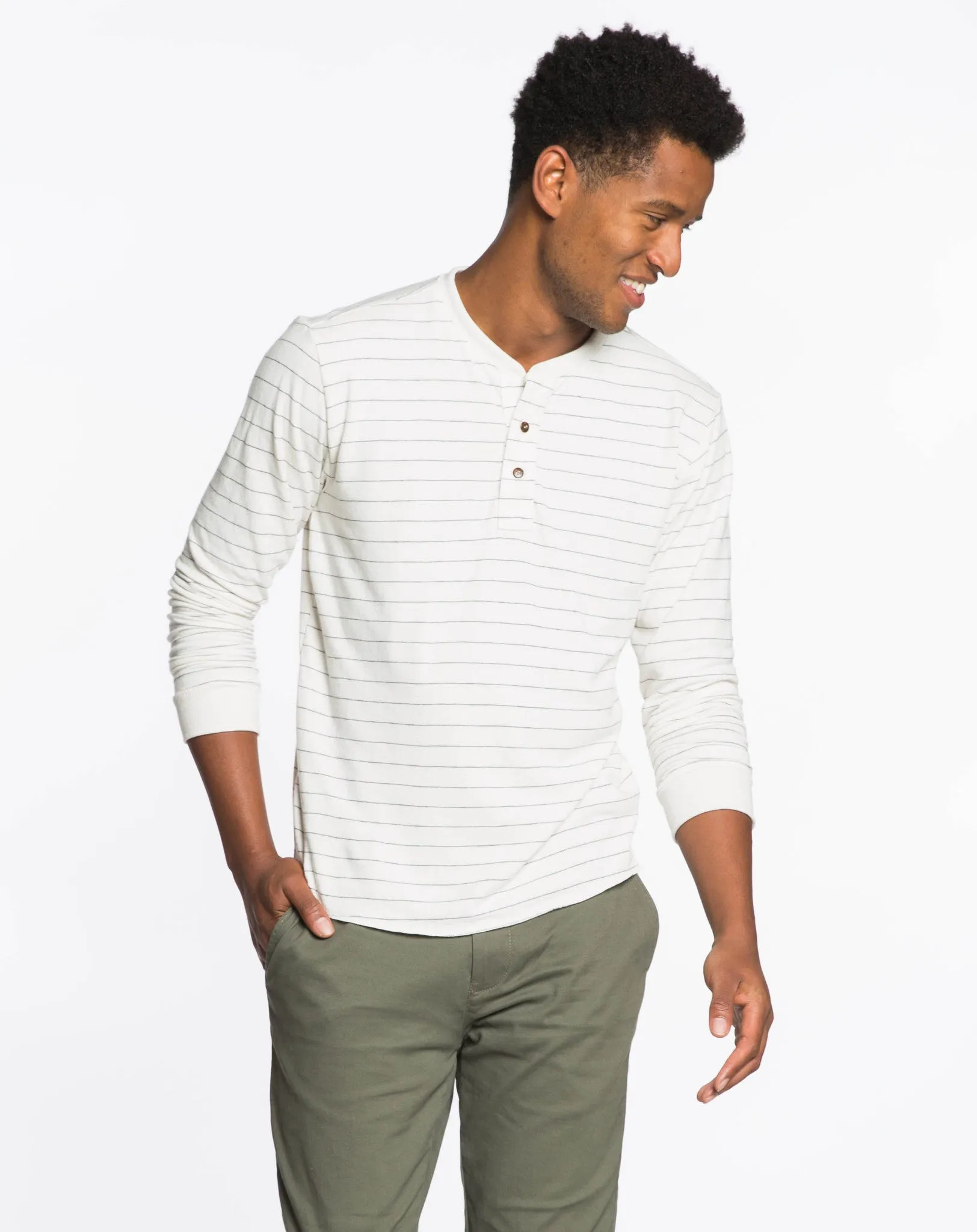 Double Knit Henley - Natural and Charcoal Stripes sold by Marine Layer