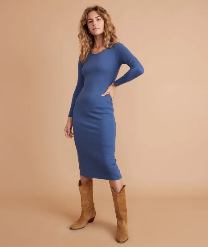 Lexi Rib Long Sleeve Midi Dress in Blue Heather sold by Marine Layer