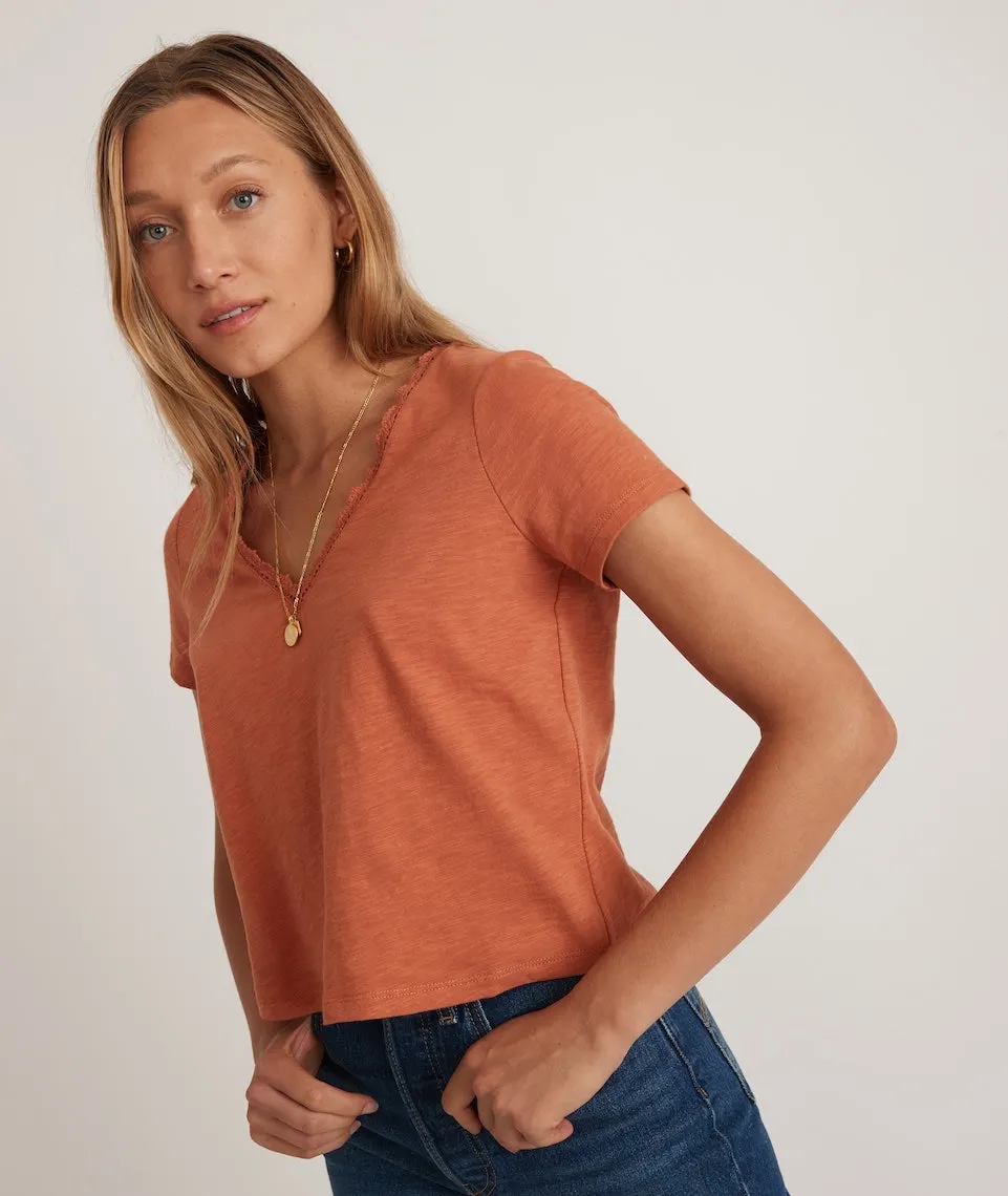 Rhea Lace Trim V-Neck Tee in Amber Brown sold by Marine Layer product image thumbnail 2