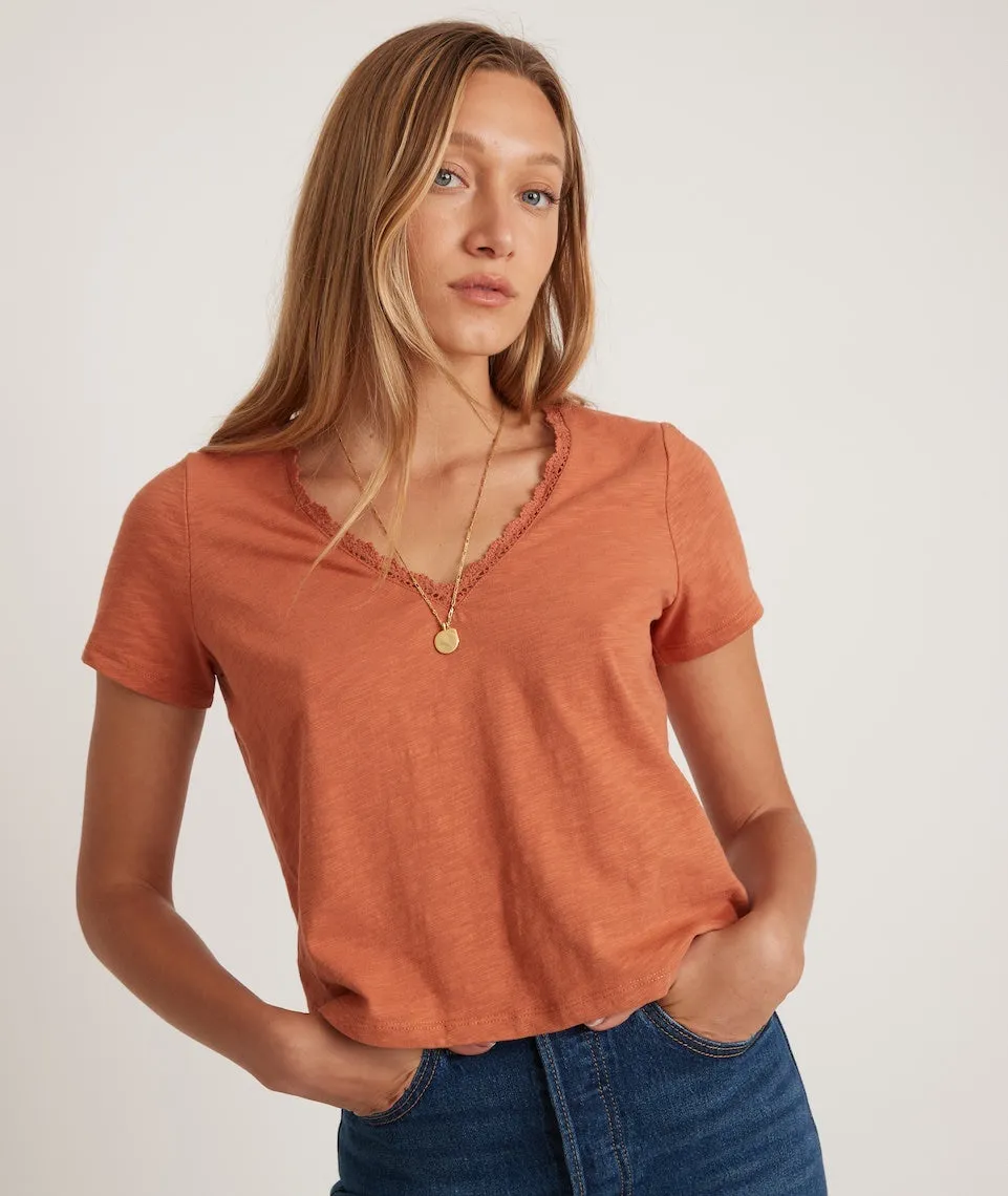 Rhea Lace Trim V-Neck Tee in Amber Brown sold by Marine Layer