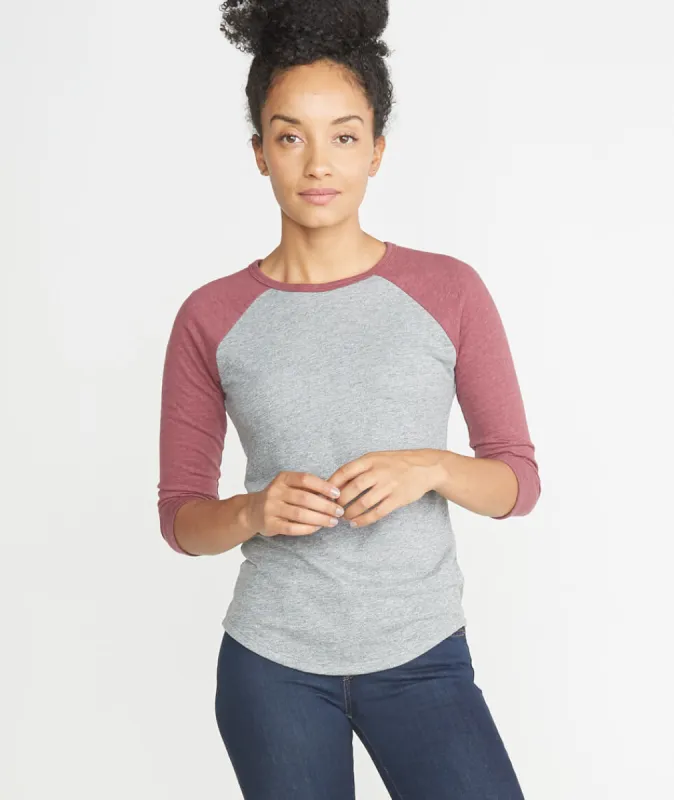 Double Knit Baseball Raglan in Heather Grey/Merlot sold by Marine Layer