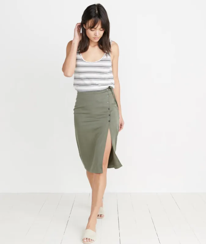 Layla Wrap Skirt in Dusty Olive sold by Marine Layer