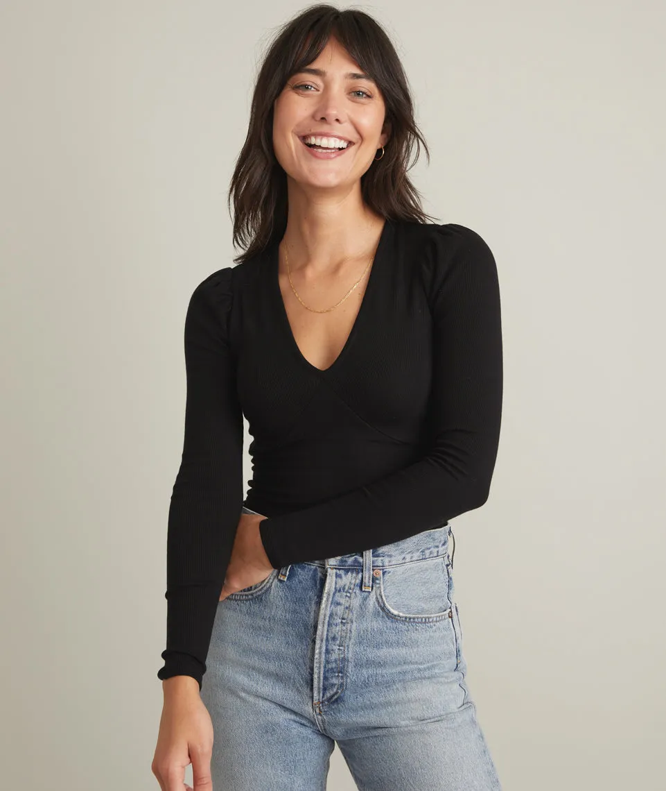 Lexi Rib V-Neck Top in Black sold by Marine Layer