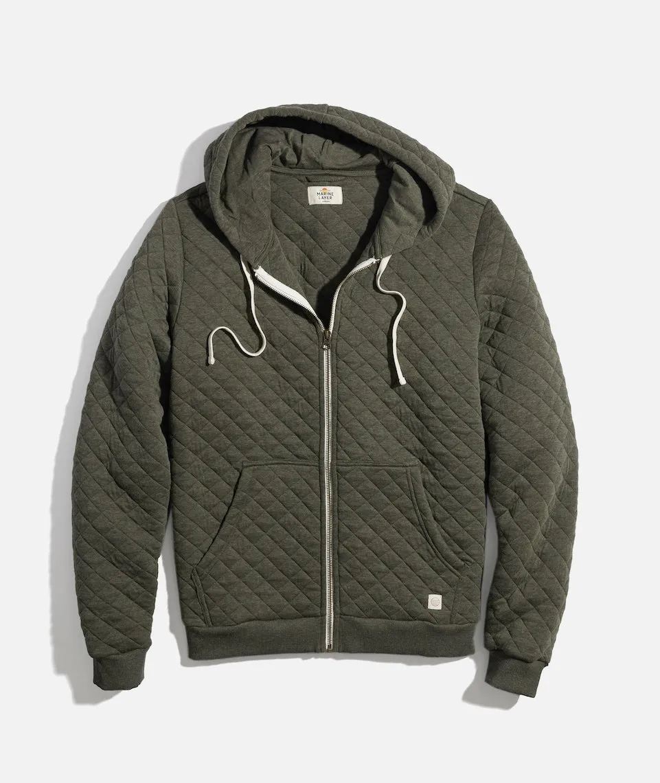Men's Corbet Quilted Full Zip Hoodie in Olive Heather sold by Marine Layer