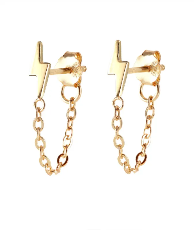 Kris Nations Lightening Bolt Chain Stud Earrings in Gold sold by Marine Layer