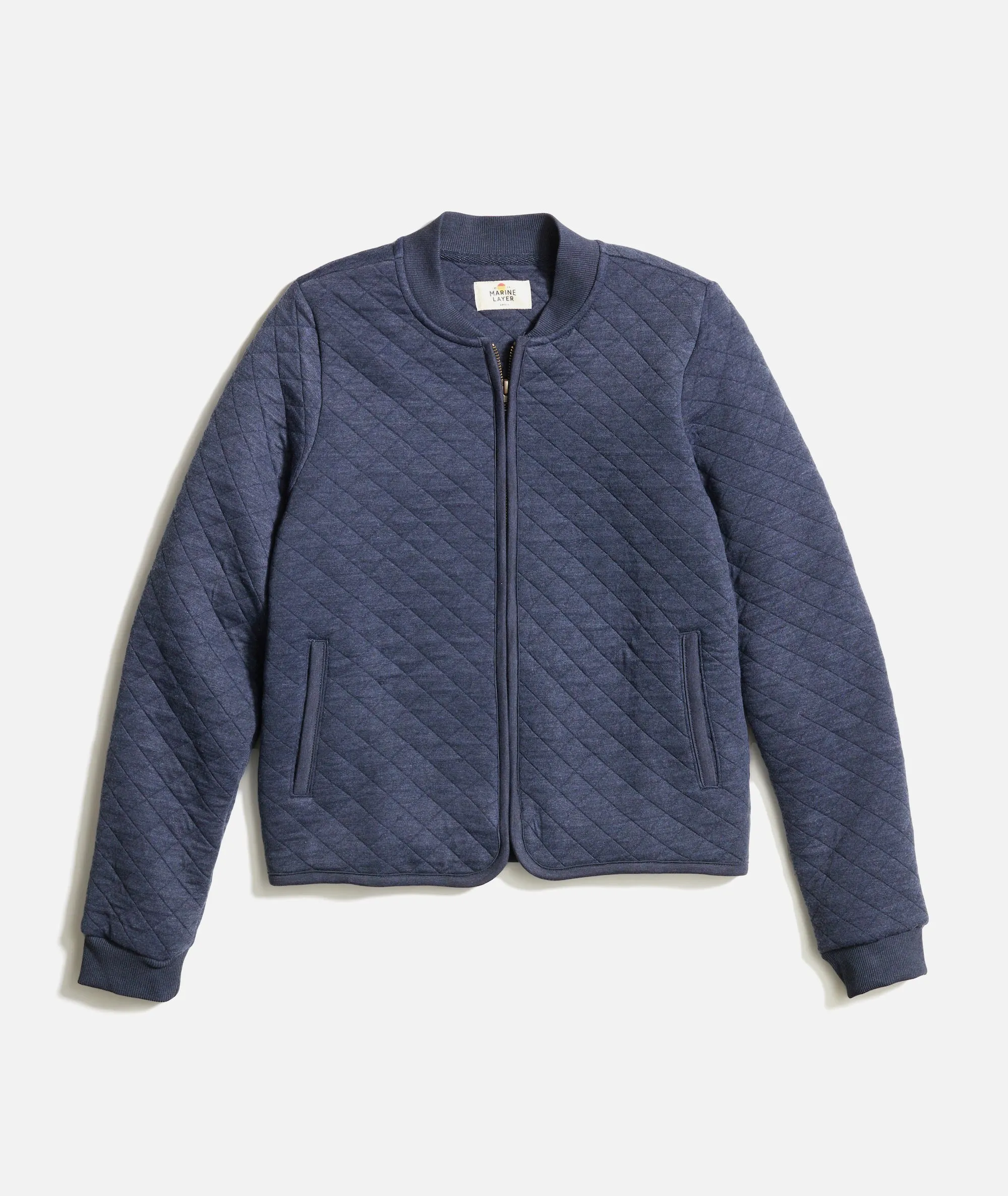 Women's Corbet Quilted Bomber in Navy sold by Marine Layer