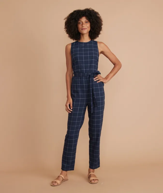 Eloise Belted Jumpsuit in Navy Windowpane sold by Marine Layer