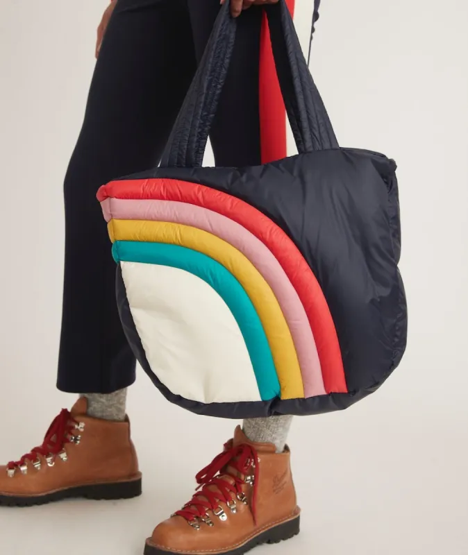 Puffer Tote in Navy Rainbow Wave sold by Marine Layer