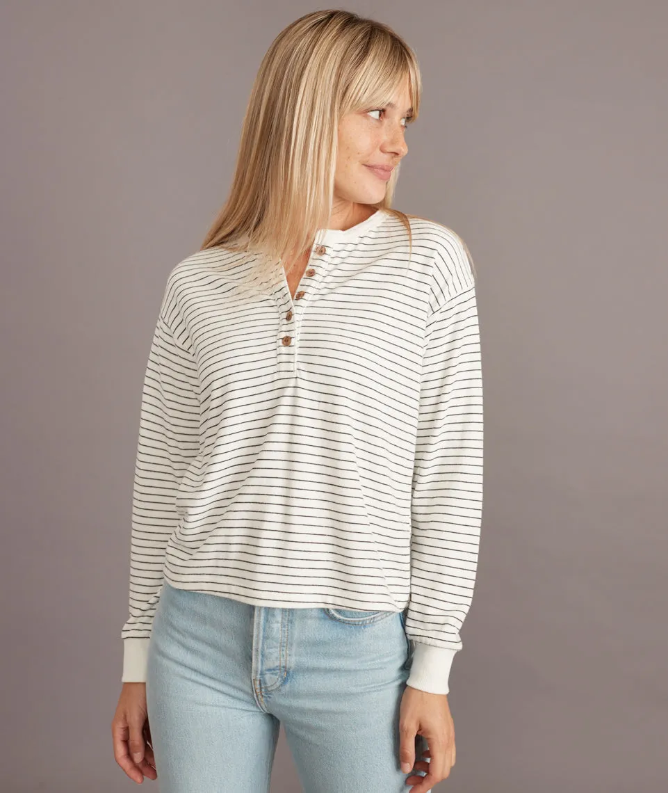 Carter Henley in White/Black Stripe sold by Marine Layer