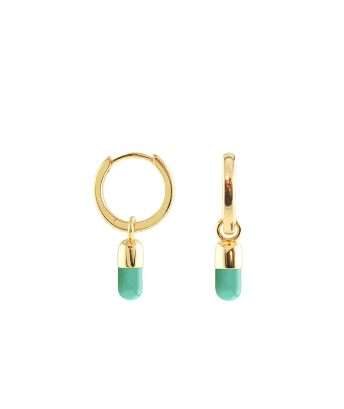 Kris Nations Chill Pill Huggie Hoop Earrings in Turquoise/Gold sold by Marine Layer