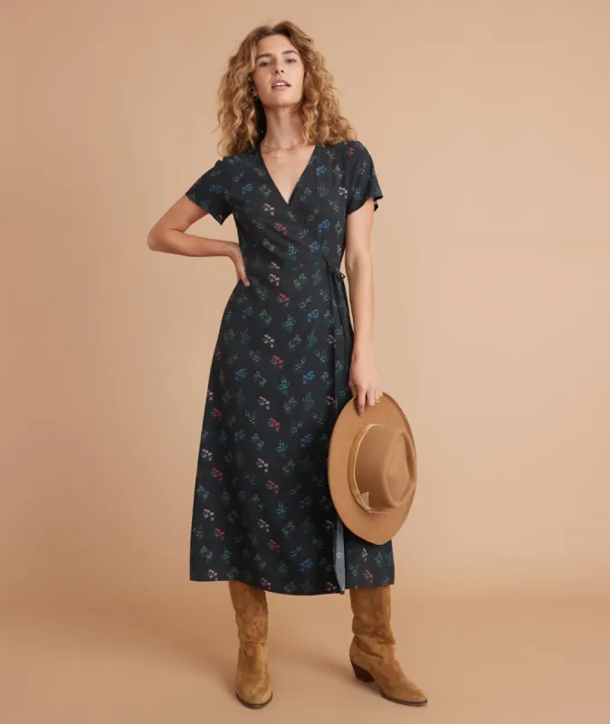 Emlyn Midi Wrap Dress in Black India Floral Print sold by Marine Layer