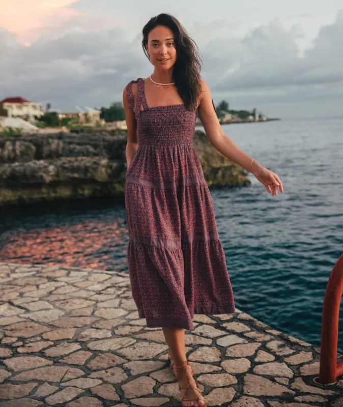 Selene Smocked Tiered Maxi Dress in Geo Floral Print sold by Marine Layer