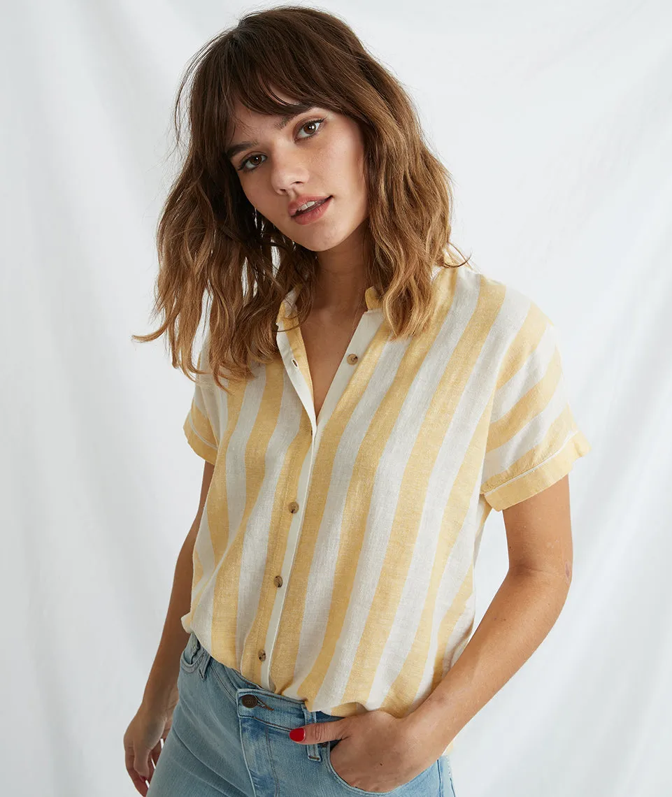 Paige Button Down in Daffodil/White Stripe sold by Marine Layer