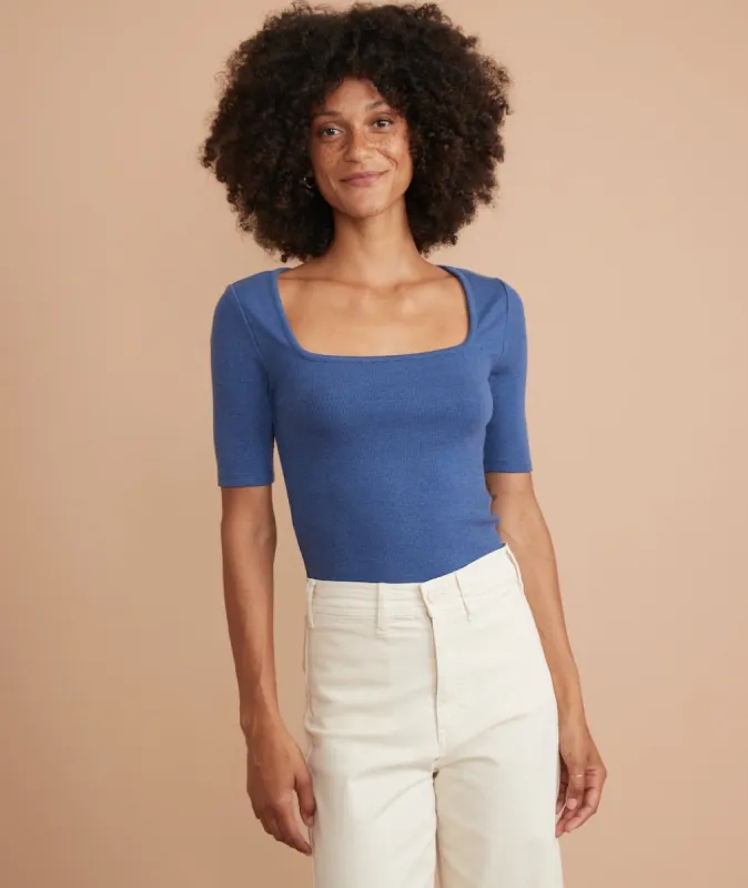 Lexi Rib Square Neck Top in Blue Heather made by Marine Layer