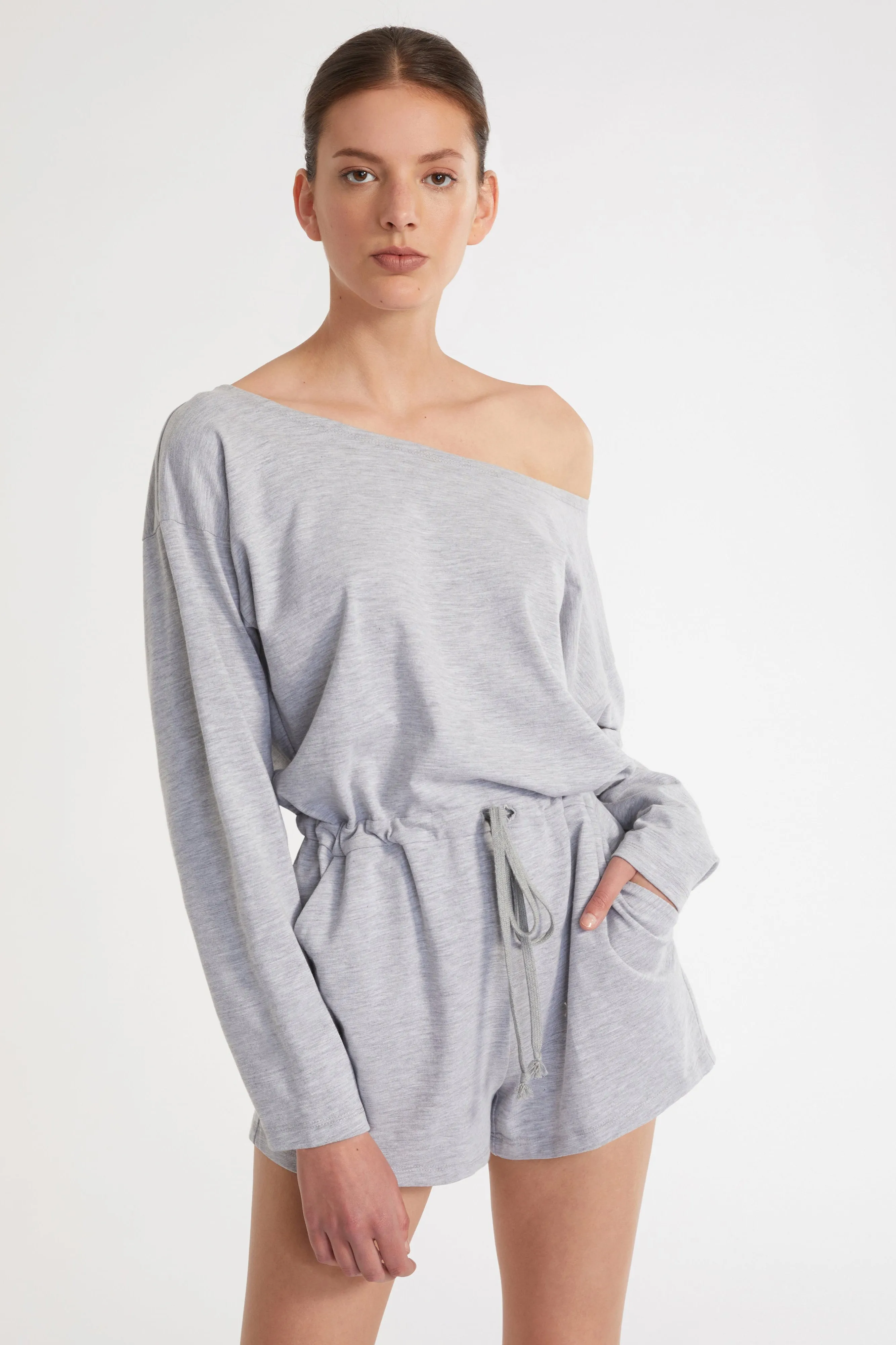 Marlo Drop Shoulder Knit Romper in Light Heather Grey sold by Marissa Webb