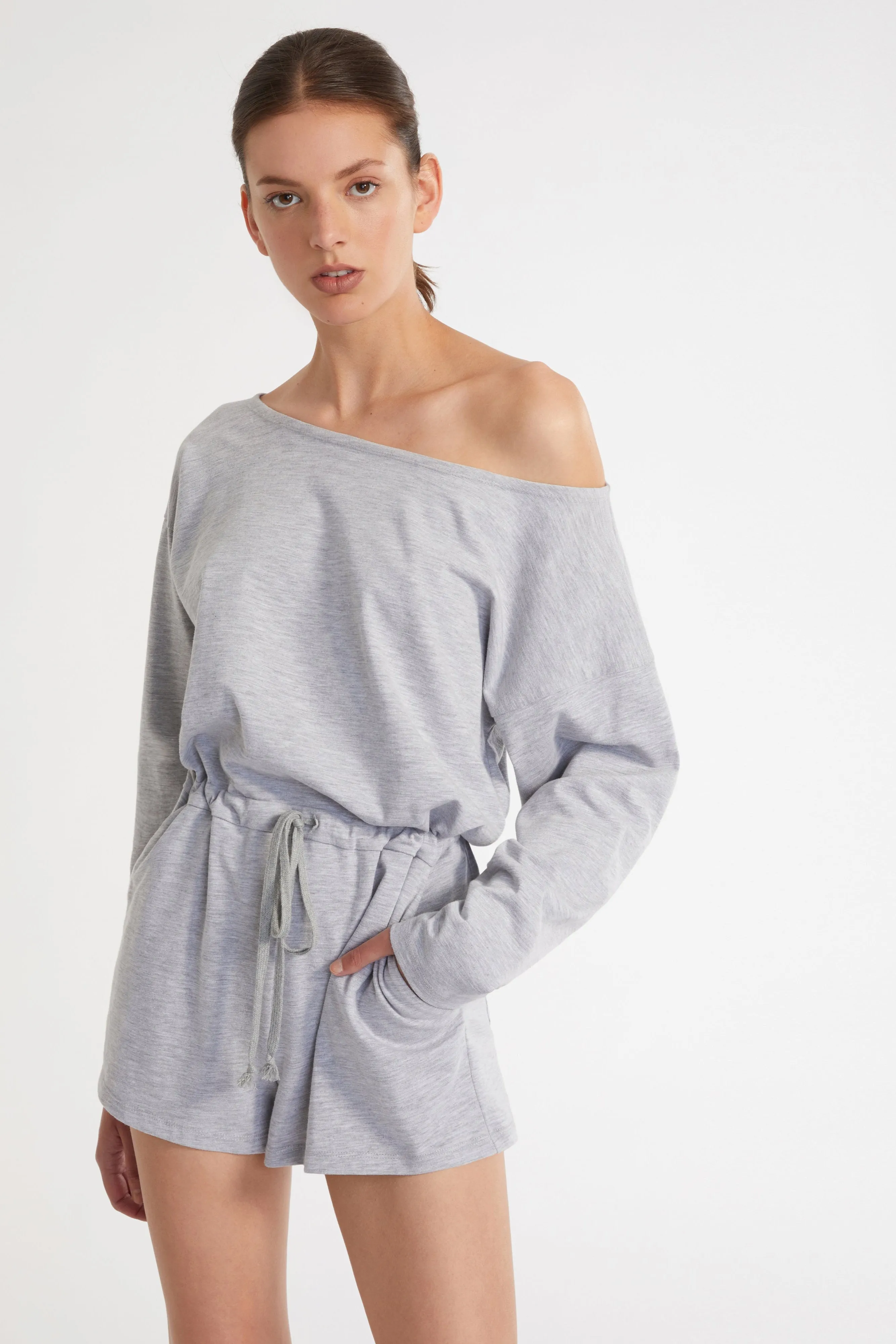 Marlo Drop Shoulder Knit Romper in Light Heather Grey sold by Marissa Webb product image thumbnail 2