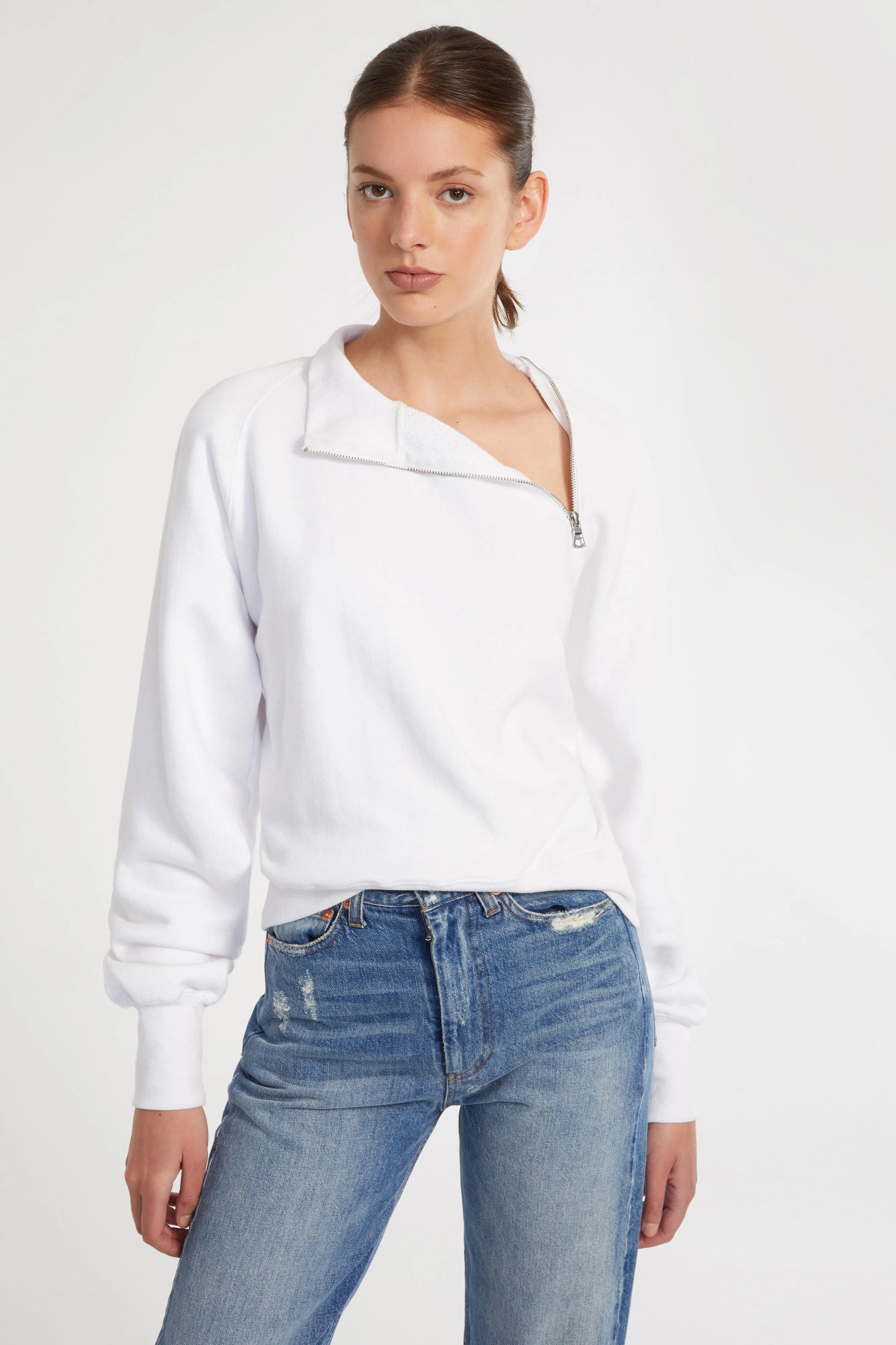 So Uptight French Terry Funnel Neck Zip Sweatshirt in White sold by Marissa Webb product image thumbnail 2