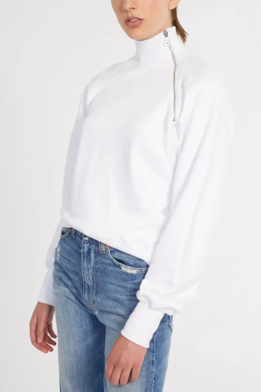 So Uptight French Terry Funnel Neck Zip Sweatshirt in White sold by Marissa Webb