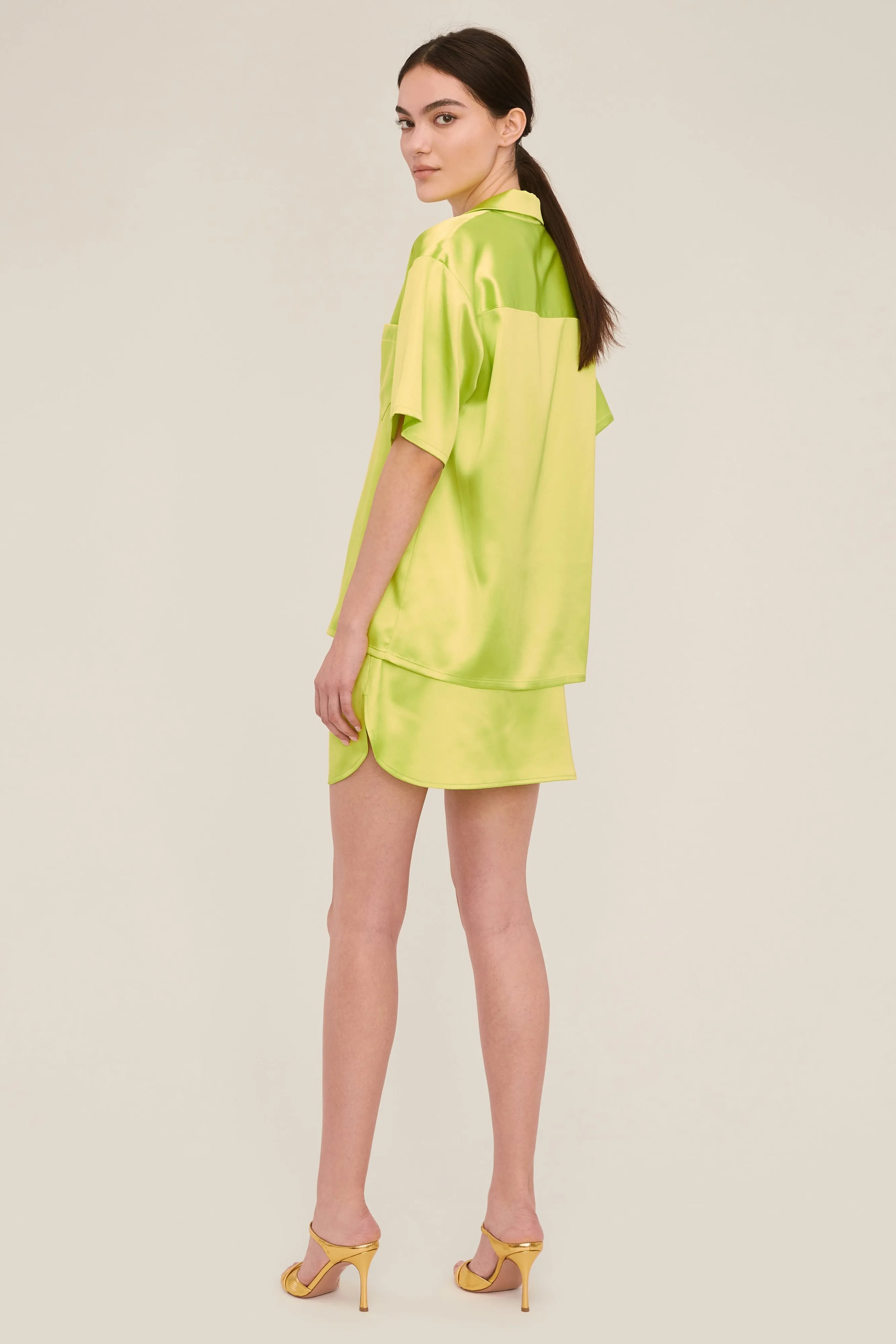 Margo Satin Notch Collar Camp Shirt in Neon Lime sold by Marissa Webb product image thumbnail 3