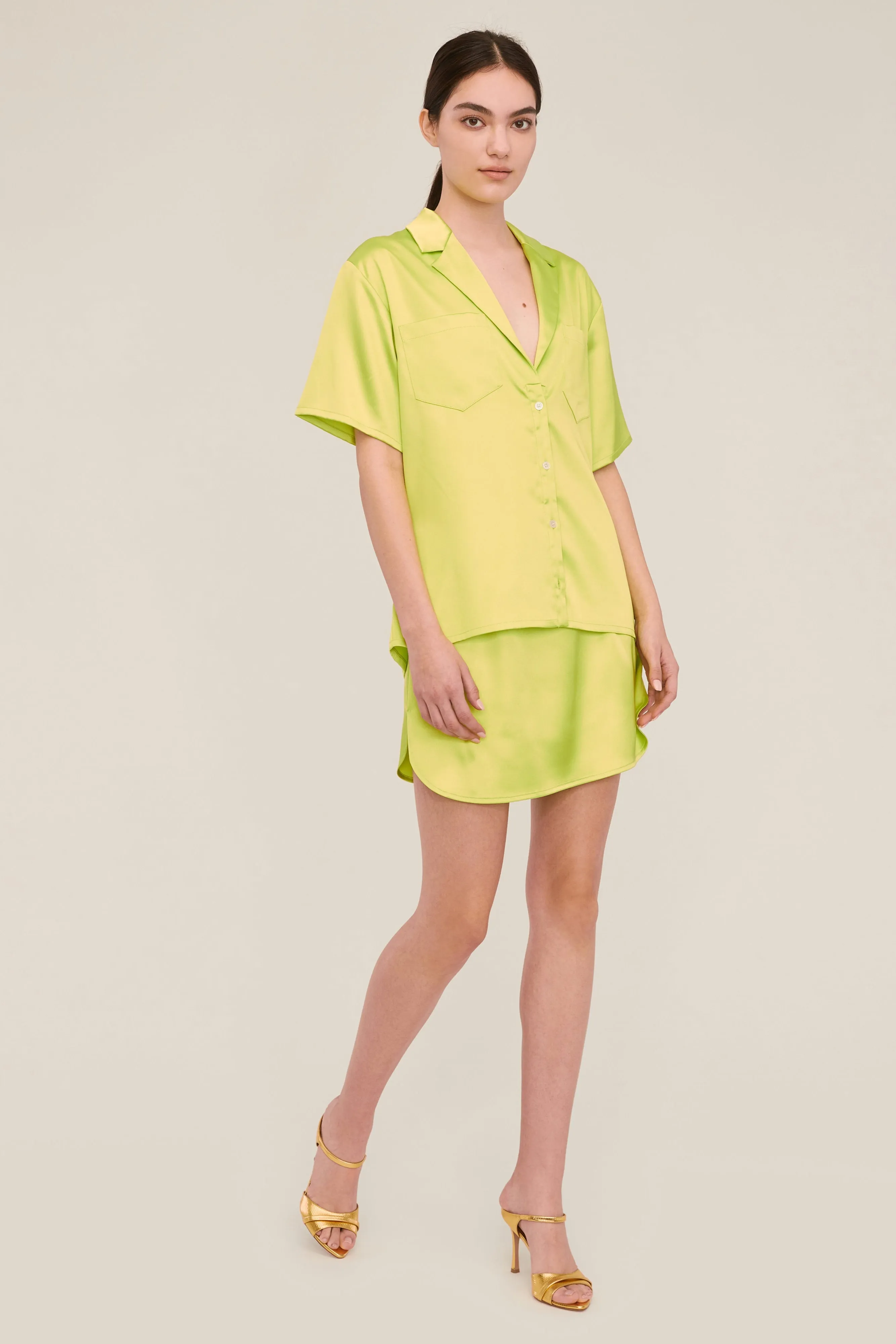 Margo Satin Notch Collar Camp Shirt in Neon Lime sold by Marissa Webb product image thumbnail 4