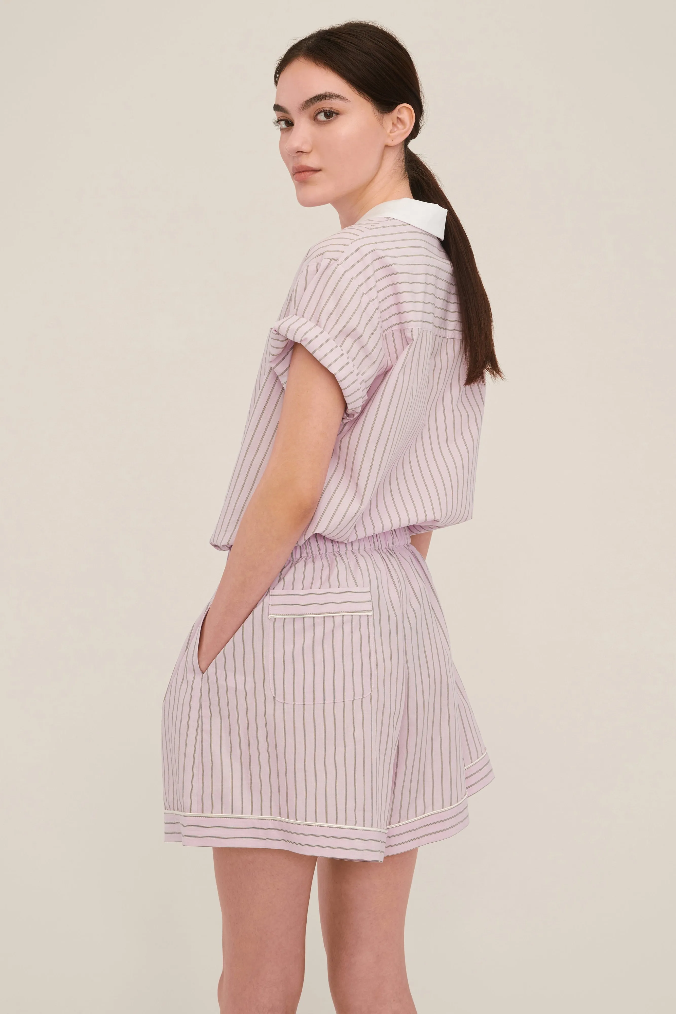 Margo Notch Collar Camp Shirt in Carnation Edie Stripe White Combo sold by Marissa Webb product image thumbnail 2