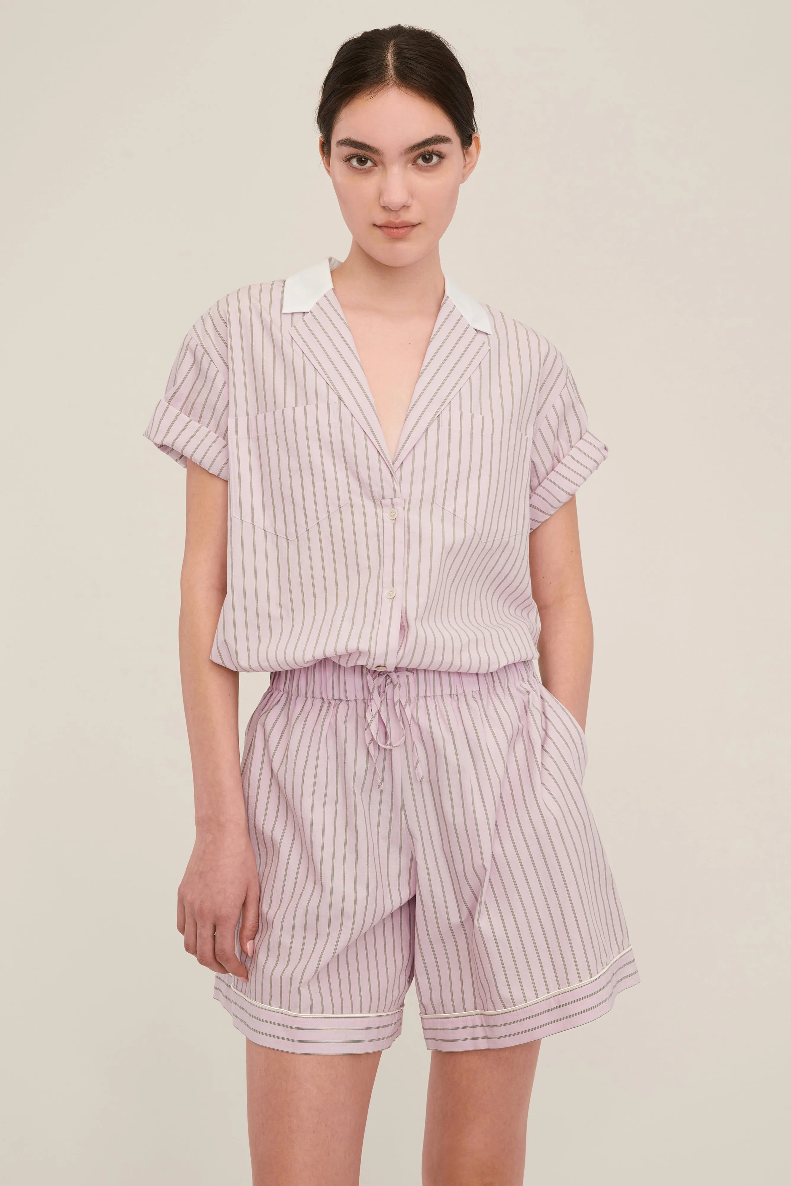 Margo Notch Collar Camp Shirt in Carnation Edie Stripe White Combo sold by Marissa Webb product image thumbnail 3
